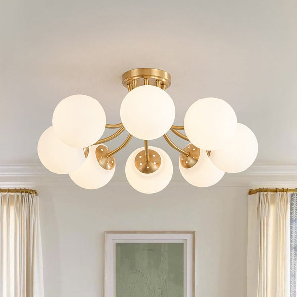 Chandelierias - 8 - Light Dreamy Bouquet Frosted Glass Globe Semi - Flush Mount - Semi Flush - Brass -