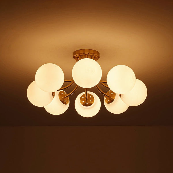 Chandelierias - 8 - Light Dreamy Bouquet Frosted Glass Globe Semi - Flush Mount - Semi Flush - Brass -