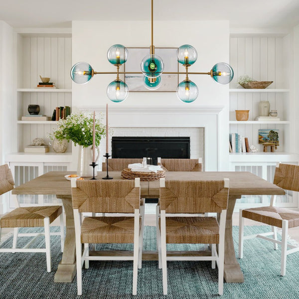 Chandelierias - 8 - Light Gradient Teal Glass Modern Linear Chandelier - Chandeliers - Brass -