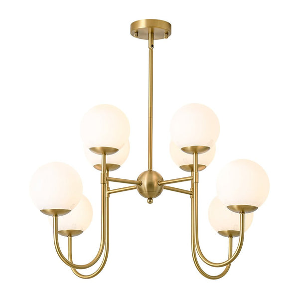 Chandelierias - 8 - Light Swooping Arm Matte Opal Glass Tiered Chandelier - Chandeliers - Brass -