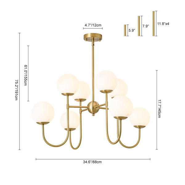 Chandelierias - 8 - Light Swooping Arm Matte Opal Glass Tiered Chandelier - Chandeliers - Brass -