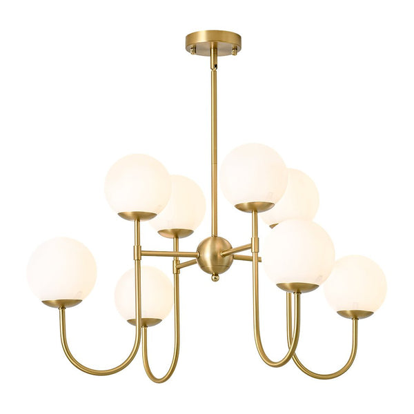 Chandelierias - 8 - Light Swooping Arm Matte Opal Glass Tiered Chandelier - Chandeliers - Brass -