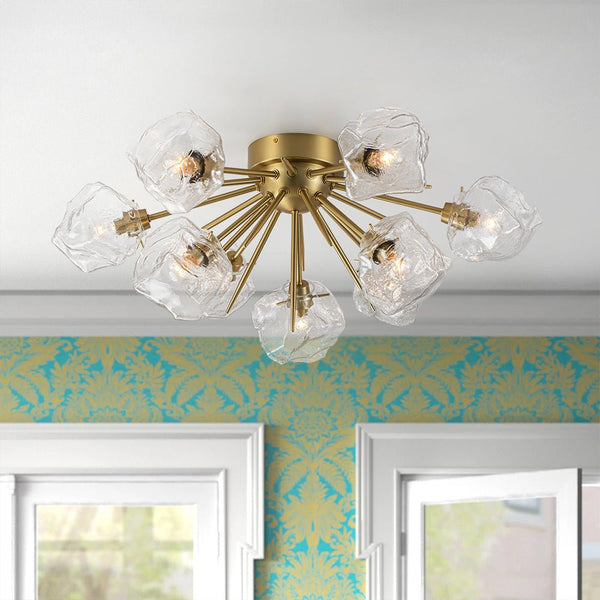 Chandelierias - 9 - Light Melting Ice Glass Cube Sputnik Flush Mount - Semi Flush - Brass -