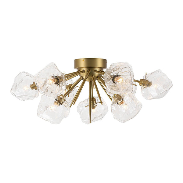 Chandelierias - 9 - Light Melting Ice Glass Cube Sputnik Flush Mount - Semi Flush - Brass -