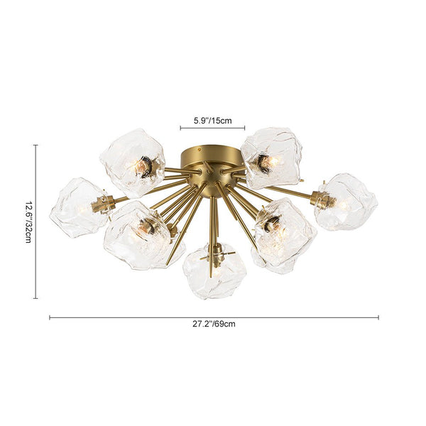 Chandelierias - 9 - Light Melting Ice Glass Cube Sputnik Flush Mount - Semi Flush - Brass -