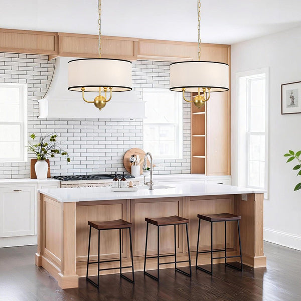 Chandelierias - American Traditional 3 - Light Black Trim Linen Fabric Drum Pendant - Pendants - Brass -