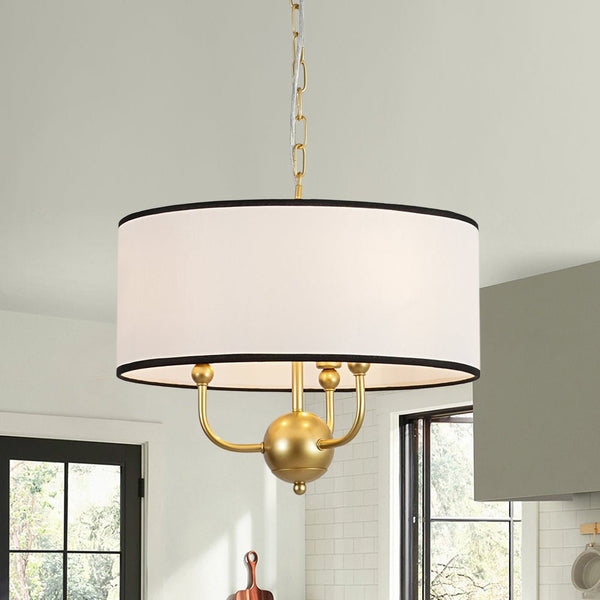 Chandelierias - American Traditional 3 - Light Black Trim Linen Fabric Drum Pendant - Pendants - Brass -