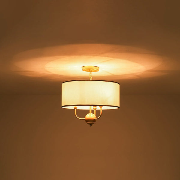 Chandelierias - American Traditional 3 - Light Black Trim Linen Fabric Drum Pendant - Pendants - Brass -