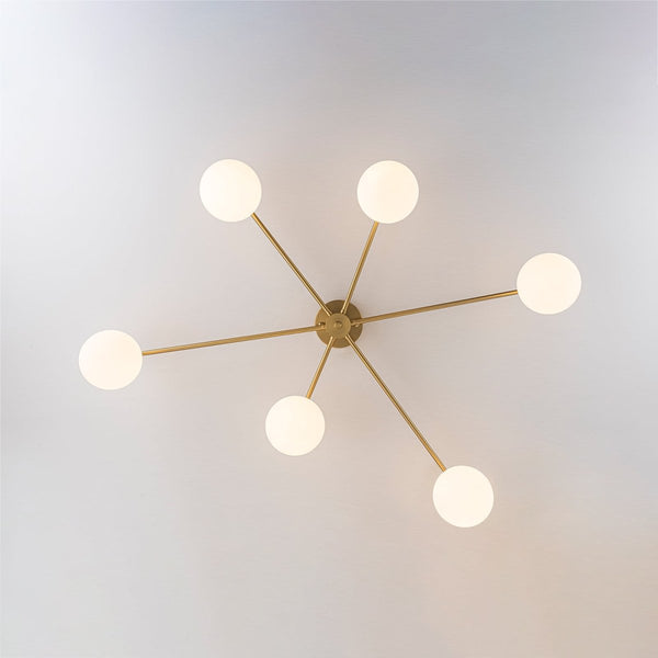 Chandelierias-Asymmetrical 6-Light Sunburst Frosted Globe Glass Semi Flush Mount-Semi Flush-Brass-