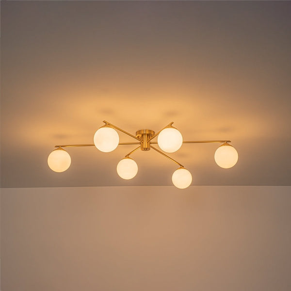 Chandelierias-Asymmetrical 6-Light Sunburst Frosted Globe Glass Semi Flush Mount-Semi Flush-Brass-