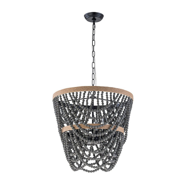 Chandelierias - Boho 3 - Light Tiered Hem Rope Distressed Gray Wood Beads Chandelier - Chandeliers - Black -