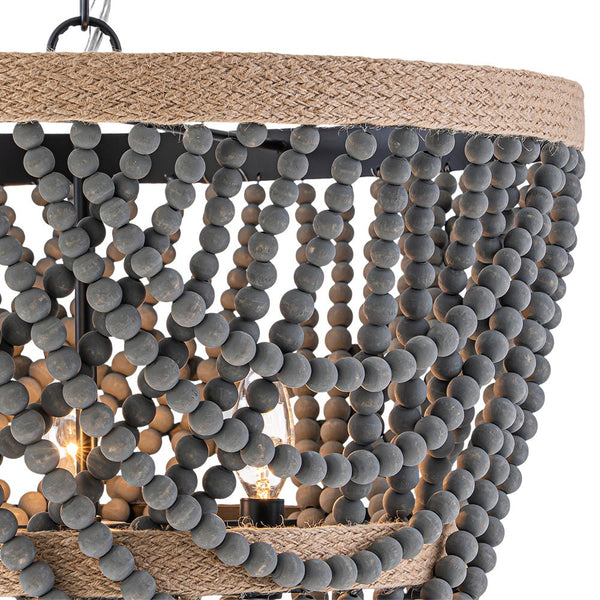 Chandelierias - Boho 3 - Light Tiered Hem Rope Distressed Gray Wood Beads Chandelier - Chandeliers - Black -