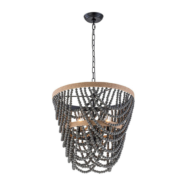 Chandelierias - Boho 3 - Light Tiered Hem Rope Distressed Gray Wood Beads Chandelier - Chandeliers - Black -