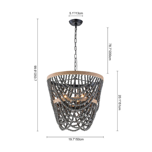 Chandelierias - Boho 3 - Light Tiered Hem Rope Distressed Gray Wood Beads Chandelier - Chandeliers - Black -