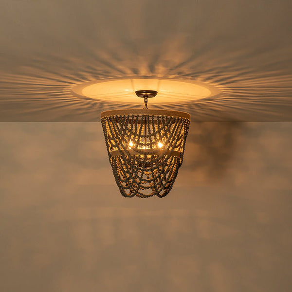 Chandelierias - Boho 3 - Light Tiered Hem Rope Distressed Gray Wood Beads Chandelier - Chandeliers - Black -