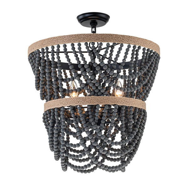 Chandelierias - Boho 3 - Light Tiered Hem Rope Distressed Gray Wood Beads Chandelier - Chandeliers - Black -