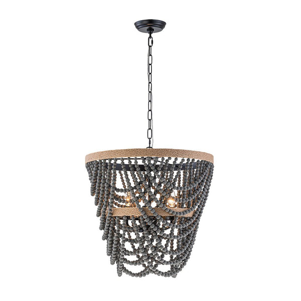Chandelierias - Boho 3 - Light Tiered Hem Rope Distressed Gray Wood Beads Chandelier - Chandeliers - Black -