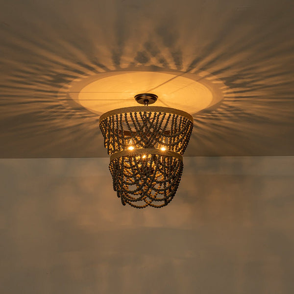 Chandelierias - Boho 3 - Light Tiered Hem Rope Distressed Gray Wood Beads Chandelier - Chandeliers - Black -