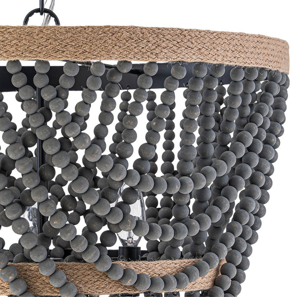 Chandelierias - Boho 3 - Light Tiered Hem Rope Distressed Gray Wood Beads Chandelier - Chandeliers - Black -
