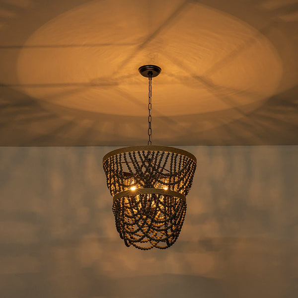 Chandelierias - Boho 3 - Light Tiered Hem Rope Distressed Gray Wood Beads Chandelier - Chandeliers - Black -