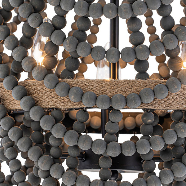 Chandelierias - Boho 3 - Light Tiered Hem Rope Distressed Gray Wood Beads Chandelier - Chandeliers - Black -