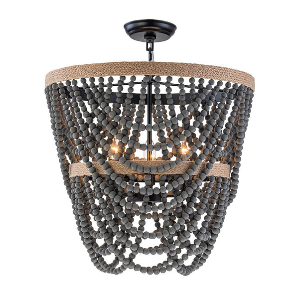 Chandelierias - Boho 3 - Light Tiered Hem Rope Distressed Gray Wood Beads Chandelier - Chandeliers - Black -