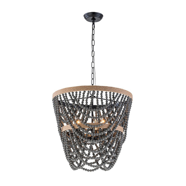 Chandelierias - Boho 3 - Light Tiered Hem Rope Distressed Gray Wood Beads Chandelier - Chandeliers - Black -