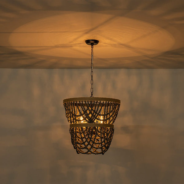 Chandelierias - Boho 3 - Light Tiered Hem Rope Distressed Gray Wood Beads Chandelier - Chandeliers - Black -