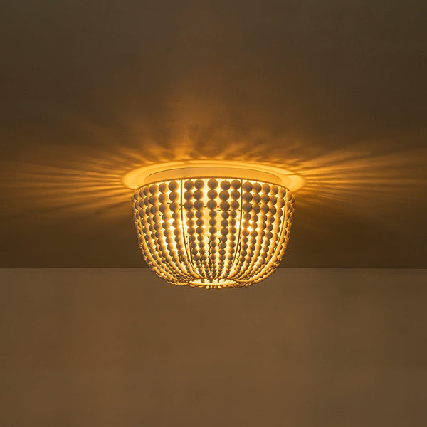 Chandelierias - Boho - style 2 - Light Wood Beads Drum Tassel Flush Mount - Flush Mount - Matte White -