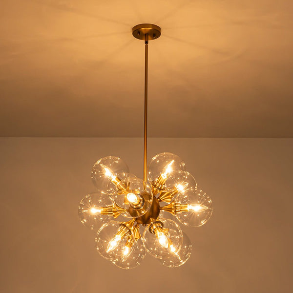Chandelierias - Bold Mid - century 12 - Light Clear Glass Blooming Dandelion Sphere Chandelier - Chandeliers - Brass -