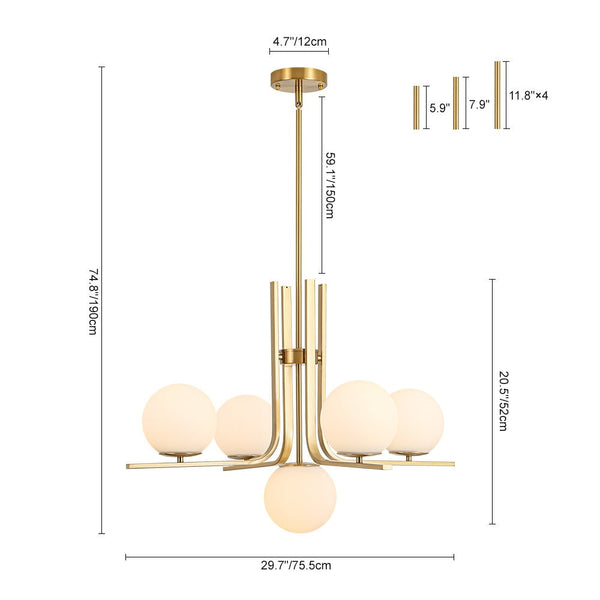 Chandelierias - Bold Modern 5 - Light Matte White Glass Globe Chandelier - Chandeliers - Brass -