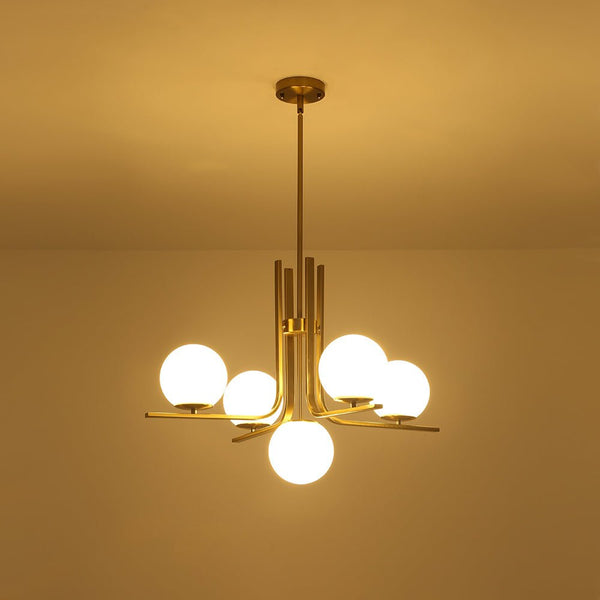 Chandelierias - Bold Modern 5 - Light Matte White Glass Globe Chandelier - Chandeliers - Brass -