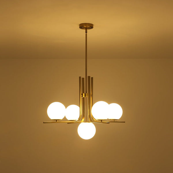 Chandelierias - Bold Modern 5 - Light Matte White Glass Globe Chandelier - Chandeliers - Brass -