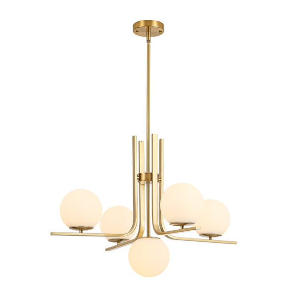 Chandelierias - Bold Modern 5 - Light Matte White Glass Globe Chandelier - Chandeliers - Brass -