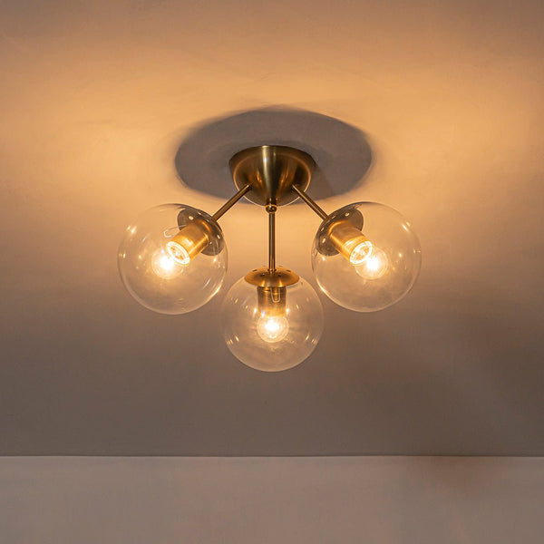 Chandelierias - Brass 3 - Light Sputnik Glass Globe Semi - flush Mount - Semi Flush - Clear -
