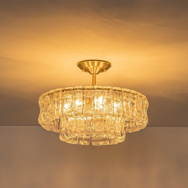 Chandelierias-Brass 6-Light Rippled Glass Tiered Semi-Flush Mount-Semi Flush-Brass-