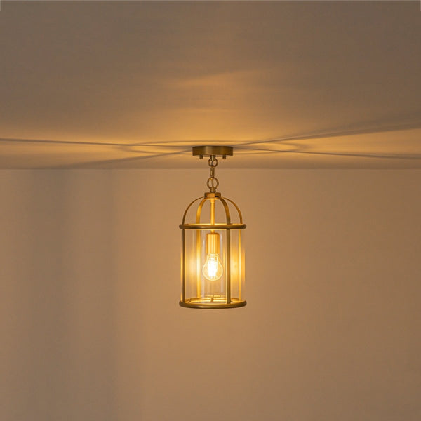 Chandelierias-Brass Mini Lantern Clear Glass Cylinder Single Pendant-Pendants-Brass-