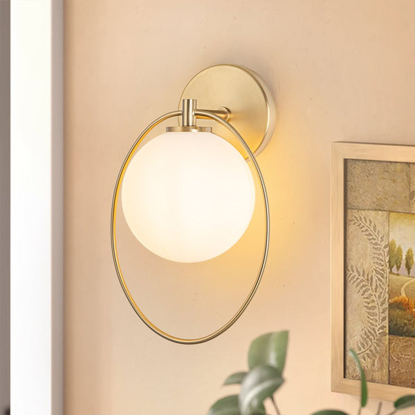 Chandelierias-Brushed Brass 1-Light Frosted Glass Globe Wall Light-Wall Light-Brass-