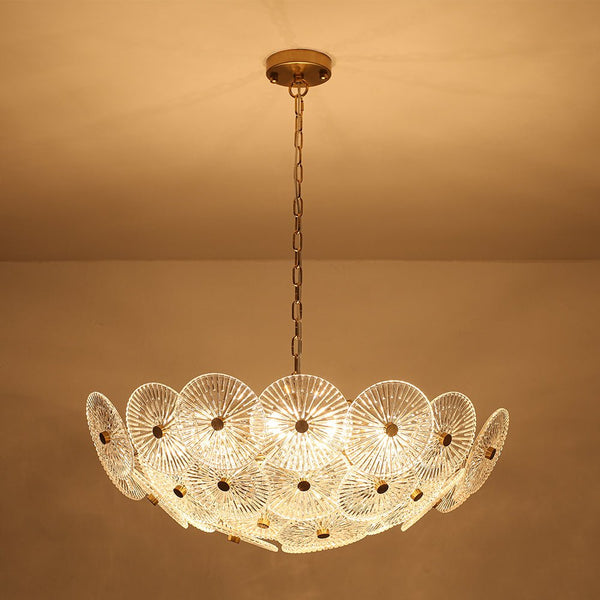 Chandelierias-Clear 9-Light Lotus Leaf Glass Floral Chandelier-Chandeliers-Brass-