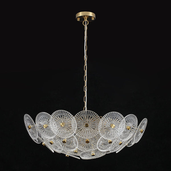 Chandelierias-Clear 9-Light Lotus Leaf Glass Floral Chandelier-Chandeliers-Brass-
