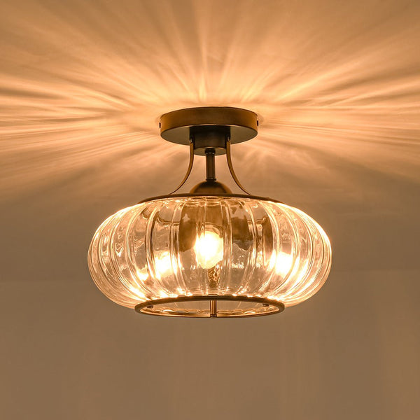 Chandelierias - Clear Drum Glass 3 - Light Farmhouse Lantern Semi - Flush Mount - Semi Flush - Black -