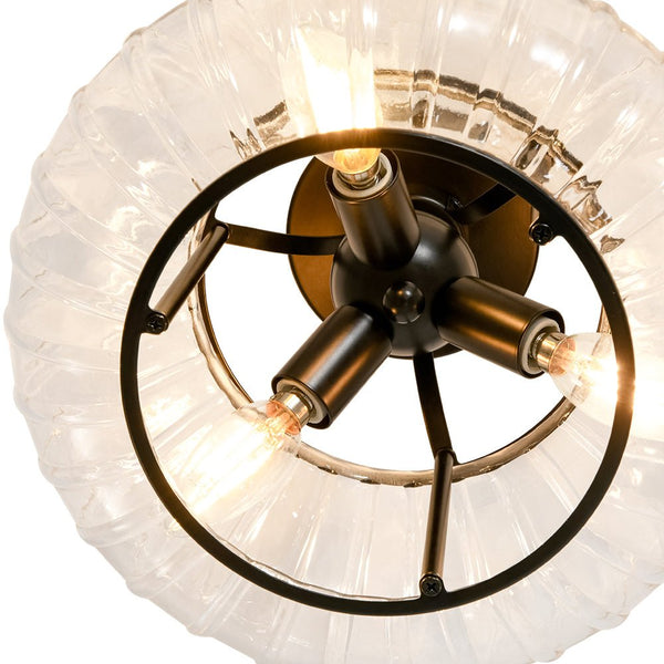 Chandelierias - Clear Drum Glass 3 - Light Farmhouse Lantern Semi - Flush Mount - Semi Flush - Black -