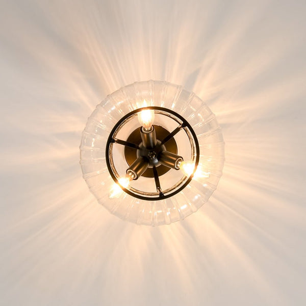 Chandelierias - Clear Drum Glass 3 - Light Farmhouse Lantern Semi - Flush Mount - Semi Flush - Black -