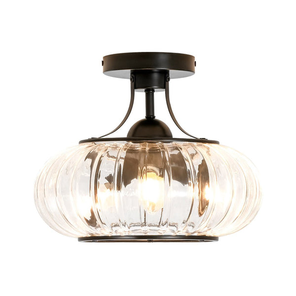 Chandelierias - Clear Drum Glass 3 - Light Farmhouse Lantern Semi - Flush Mount - Semi Flush - Black -