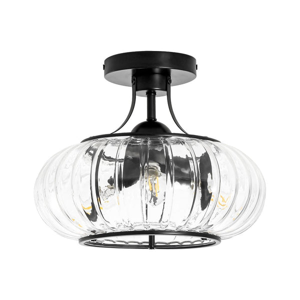 Chandelierias - Clear Drum Glass 3 - Light Farmhouse Lantern Semi - Flush Mount - Semi Flush - Black -