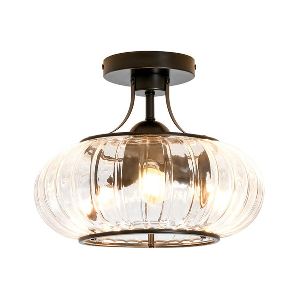 Chandelierias - Clear Drum Glass 3 - Light Farmhouse Lantern Semi - Flush Mount - Semi Flush - Black -