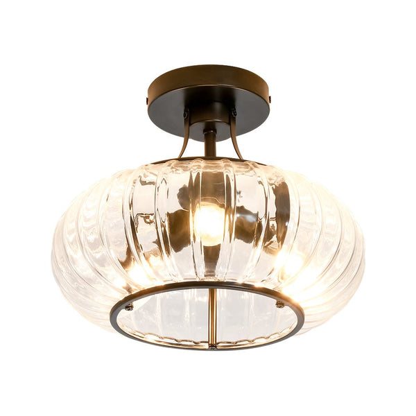 Chandelierias - Clear Drum Glass 3 - Light Farmhouse Lantern Semi - Flush Mount - Semi Flush - Black -