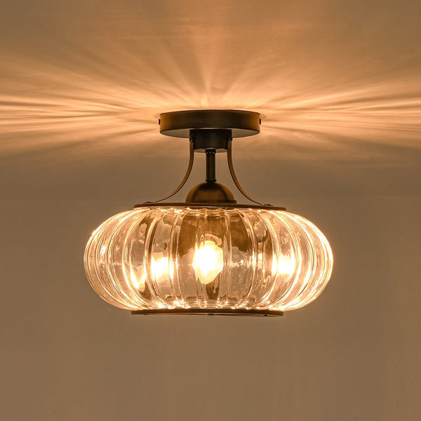 Chandelierias - Clear Drum Glass 3 - Light Farmhouse Lantern Semi - Flush Mount - Semi Flush - Black -