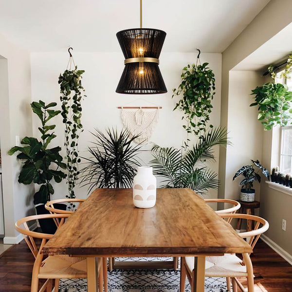 Chandelierias - Coastal - style Brass Hourglass Shape Natural Rope Drum Pendant - Pendant - 2 Bulbs - Black (Back - order)