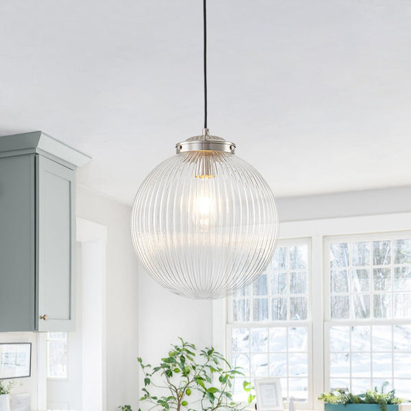 Chandelierias - Contemporary 1 - Light Ribbed Globe Glass Kitchen Pendant - Pendants - Nickel -